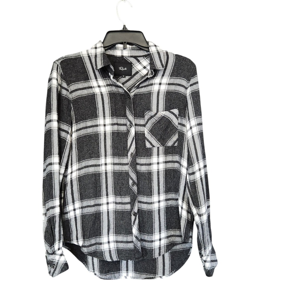 Rails Hunter Plaid Button Down Shirt Ash Bone Grey White Rayon Flannel XS